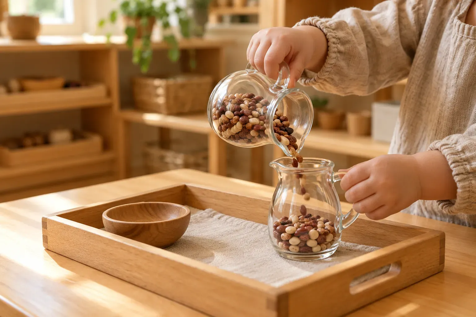 Mains d'enfant versant des graines d'un petit pichet à l'autre sur un plateau Montessori