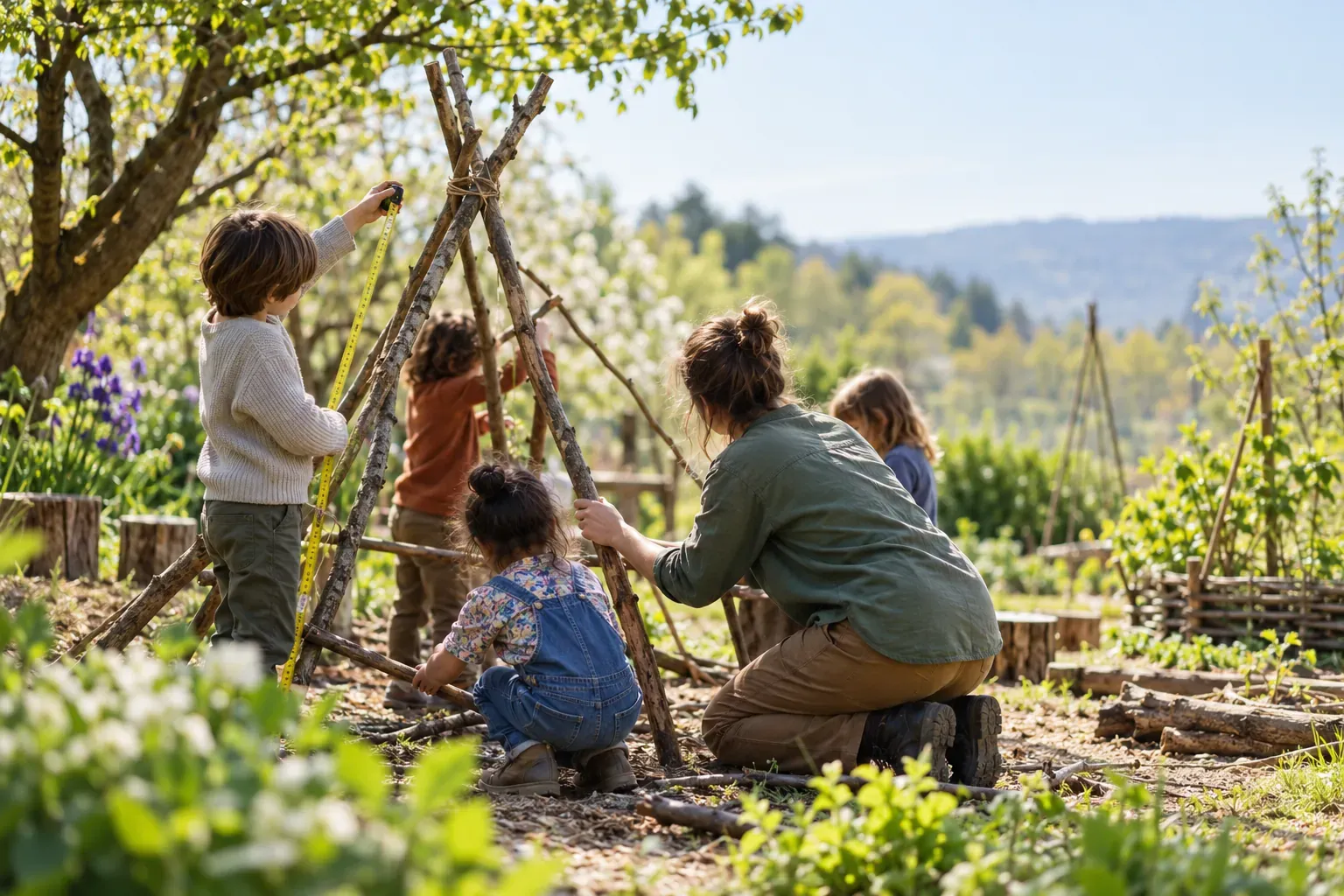 Enfants en classe dehors dans un jardin, qui construisent avec des branches et mesurent avec un mètre