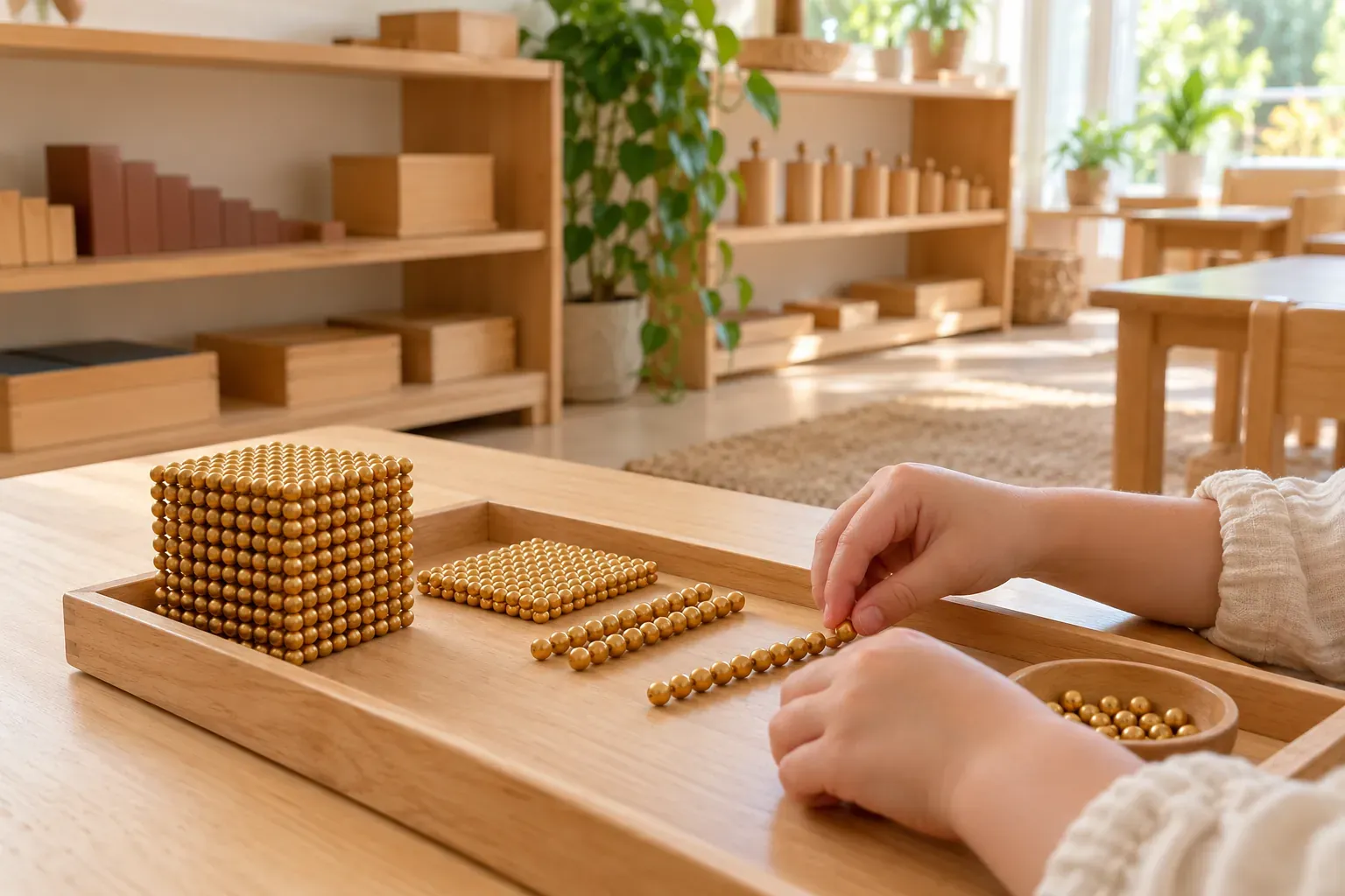 Enfant manipulant des perles dorées sur un plateau dans un espace Montessori lumineux
