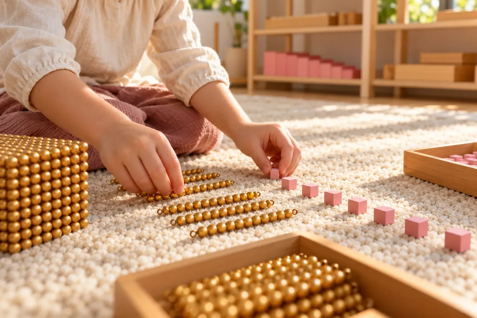 Mains d'un jeune enfant manipulant des perles dorées et des cubes en bois sur un tapis