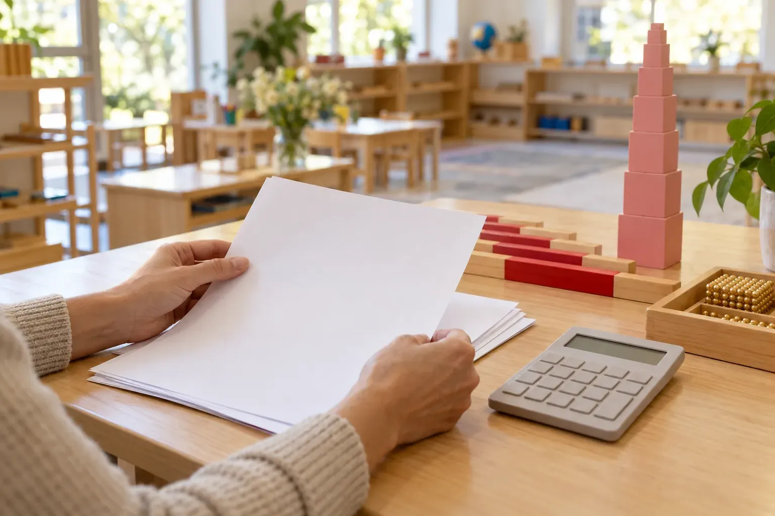 Mains d'un parent calculant un budget scolaire près de matériel Montessori en bois